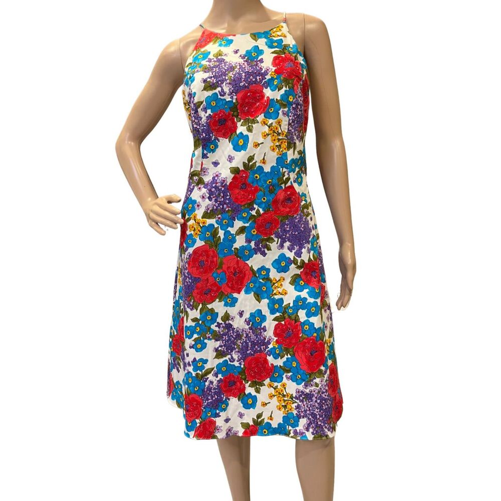 Mary Bays Victoria Royal A-Line Vibrant Floral Halter Dress Sequins Cotton Sz 8